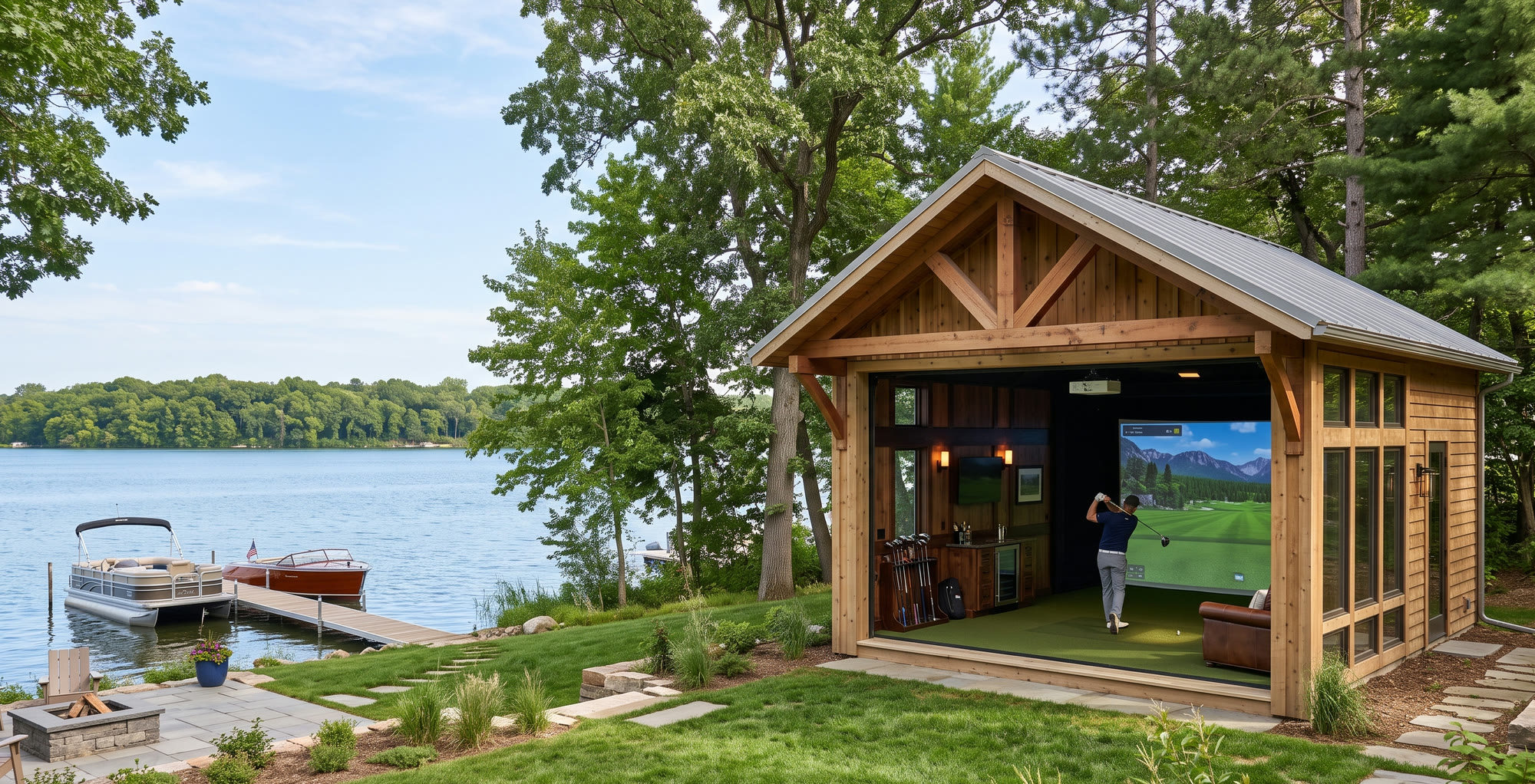 A lakeside golf simulator structure with the bay open to the water, a golfer mid-swing on the Full Swing screen