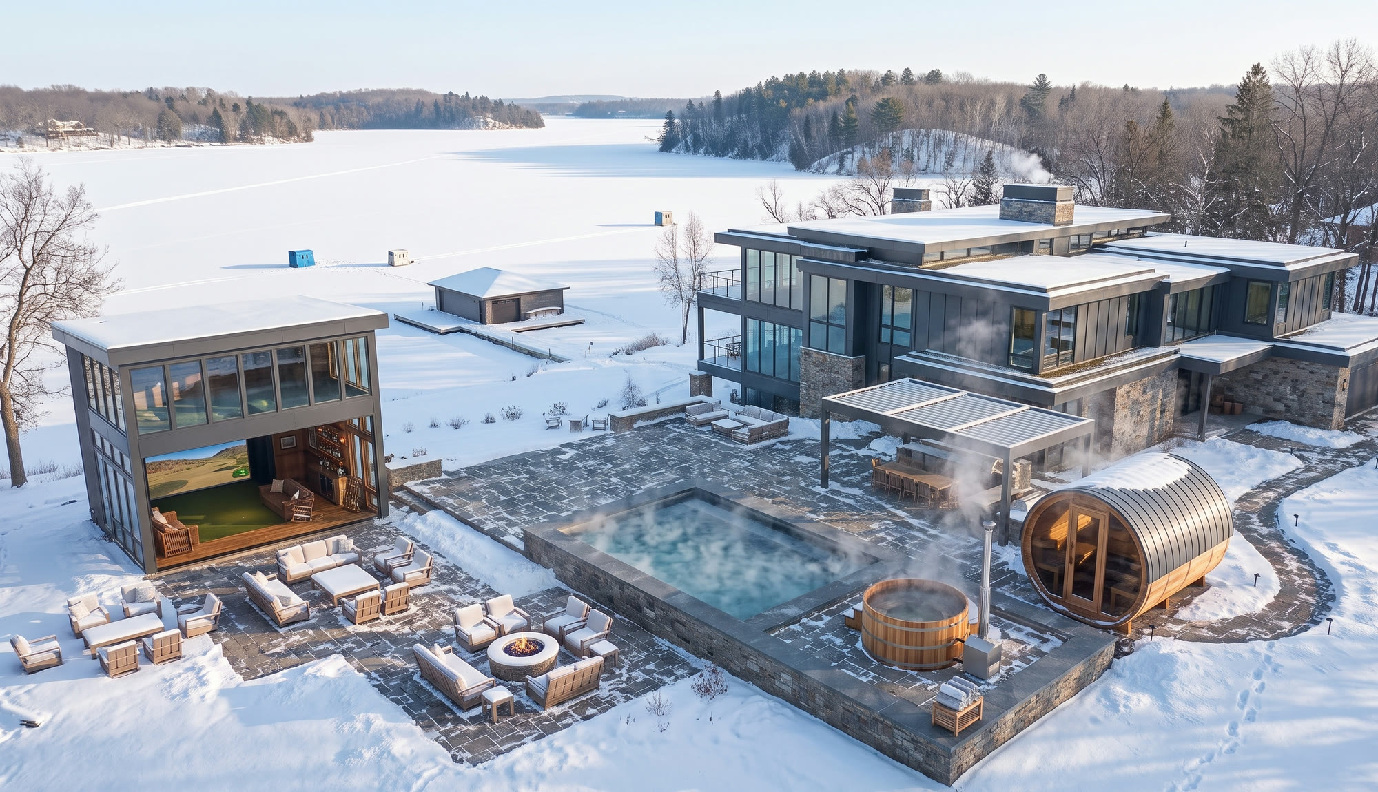 A lakeside golf simulator structure beside a heated pool, hot tub, and sauna on a snow-covered shore