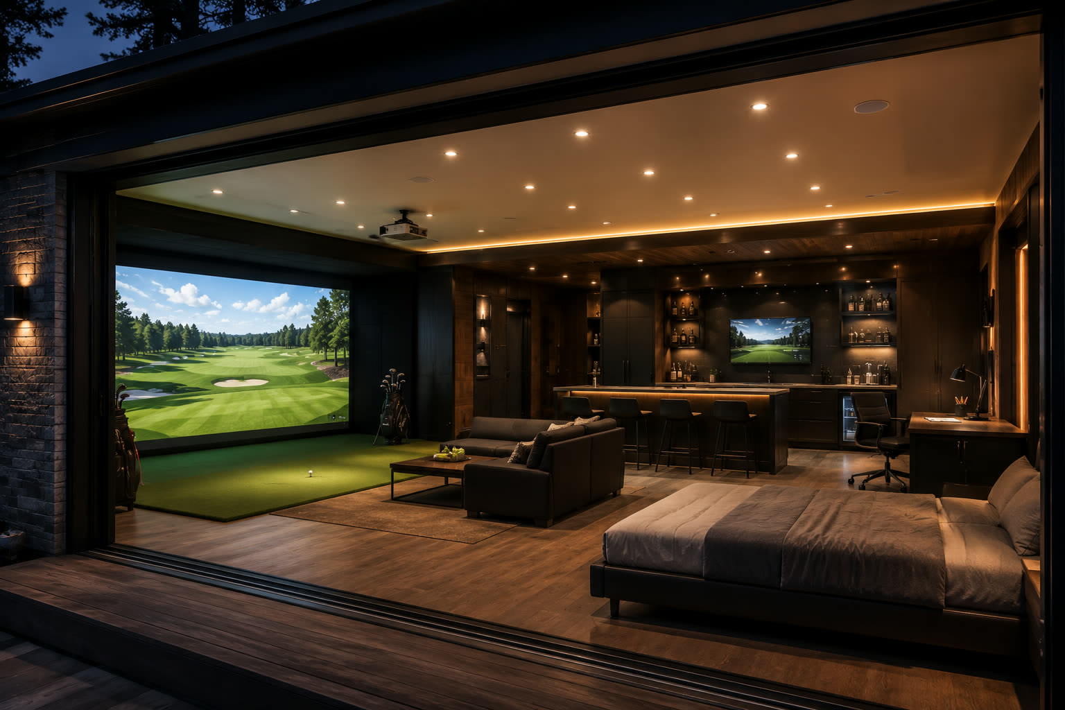 A fully-loaded simulator interior — bar, island, lounge, and a tour-grade hitting bay