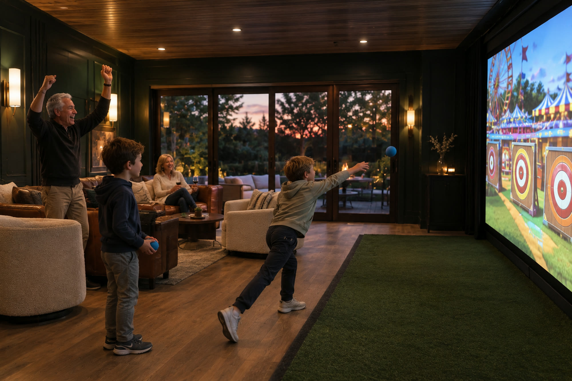 Grandparents and grandkids playing a carnival-style arcade game on the big simulator screen in a Fairway House lounge at dusk