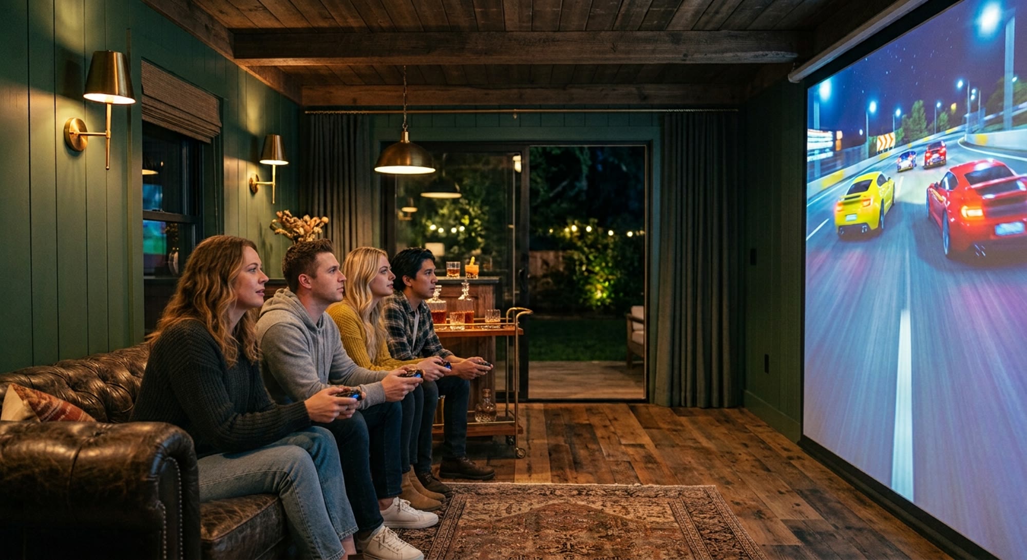 Four friends on a leather sofa playing a racing video game on the wall-sized projection screen at night