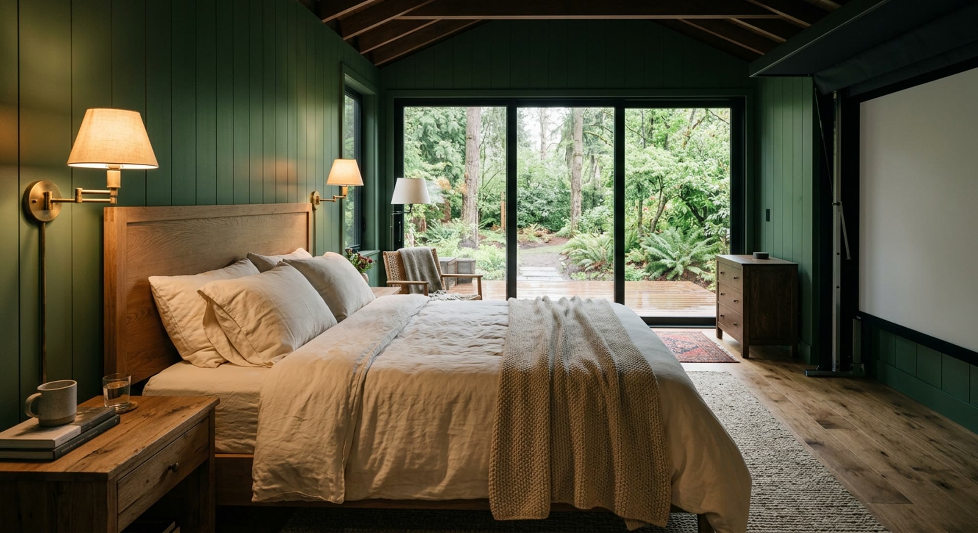A serene guest bedroom inside the structure with the projection screen retracted and glass doors opening to the backyard