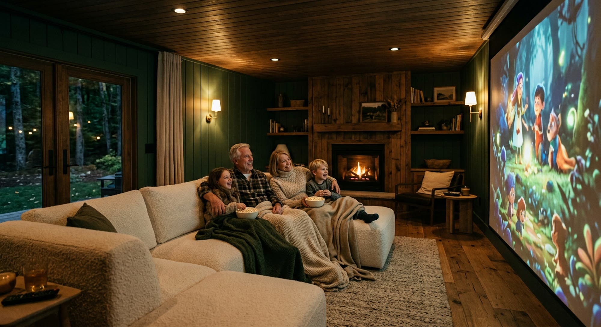 Grandparents and grandkids under blankets watching an animated movie on the projection screen beside a fireplace